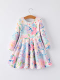 Spring and Autumn Floral Print Girl Dress with Long Sleeves