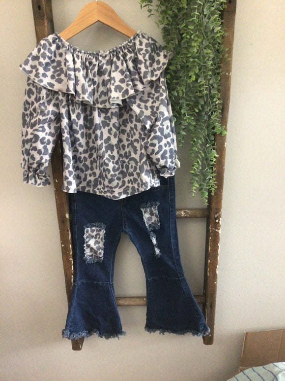 Cheetah ruffle & jeans set-YM