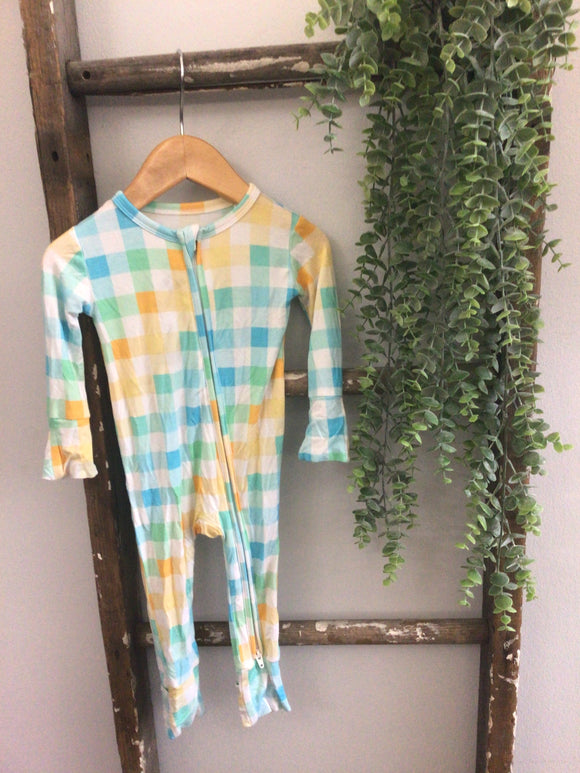 Blue and yellow check bamboo sleeper-6/12m