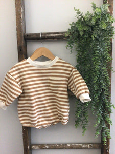 Brown + white striped bubble long sleeve romper-6/12m