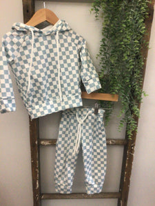 Light blue check hooded set-12M