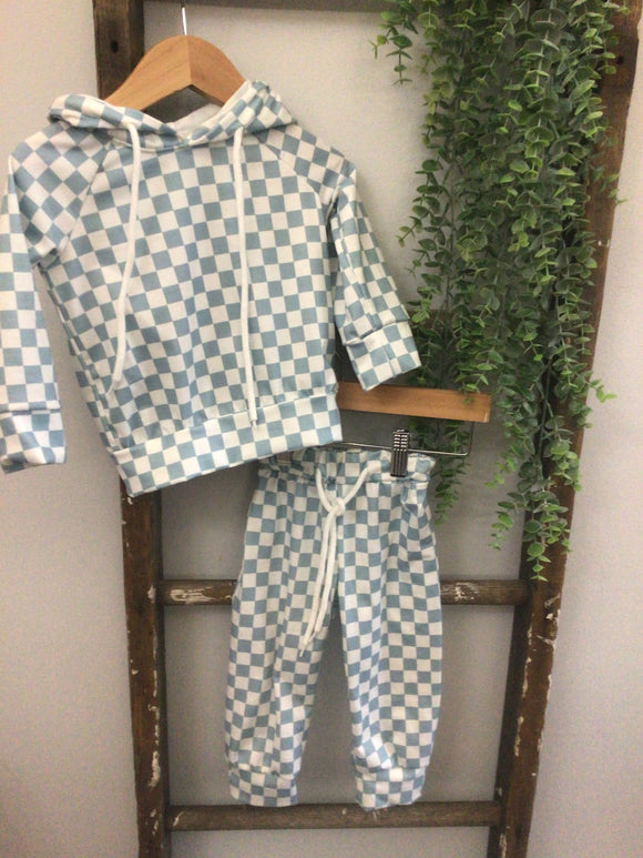 Light blue check hooded set-12M