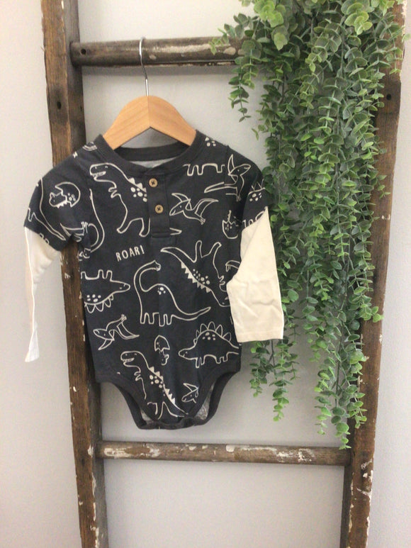 Grey Dino button onesie-24m