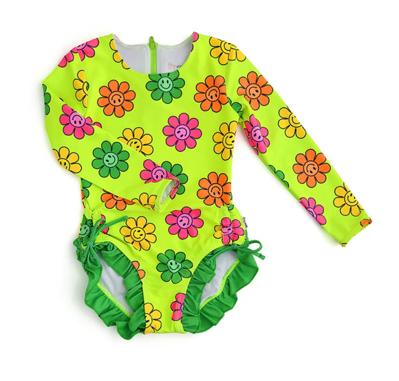 Green Flower Rash Guard Swimsuit