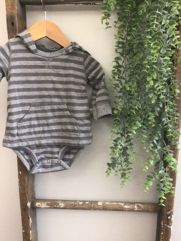 Grey striped hooded onesie- 6M