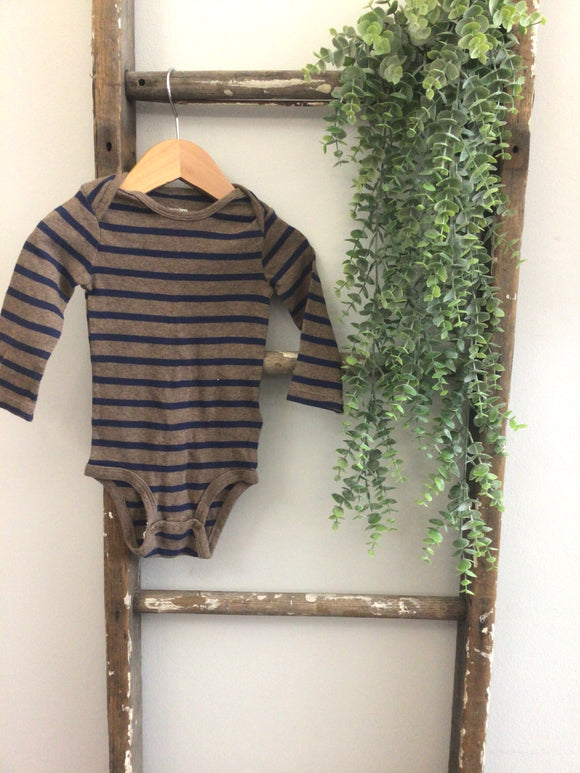 Brown and navy striped onesie- 12M