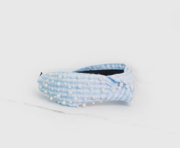 Seersucker Blue Pearl Headband