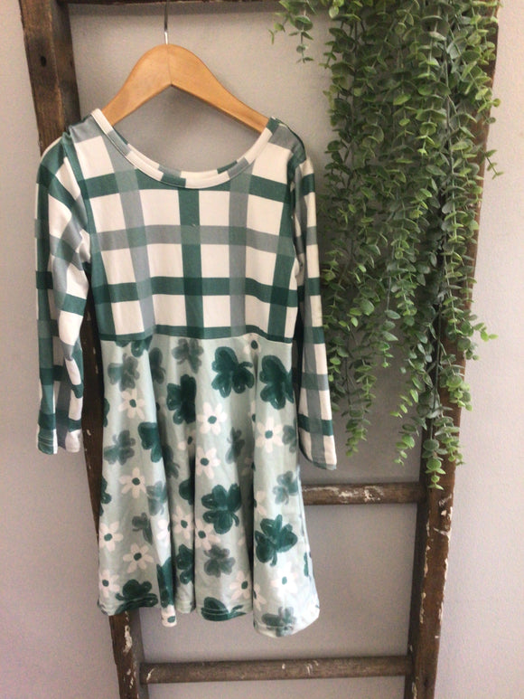 Green check four leaf clover dress-4T