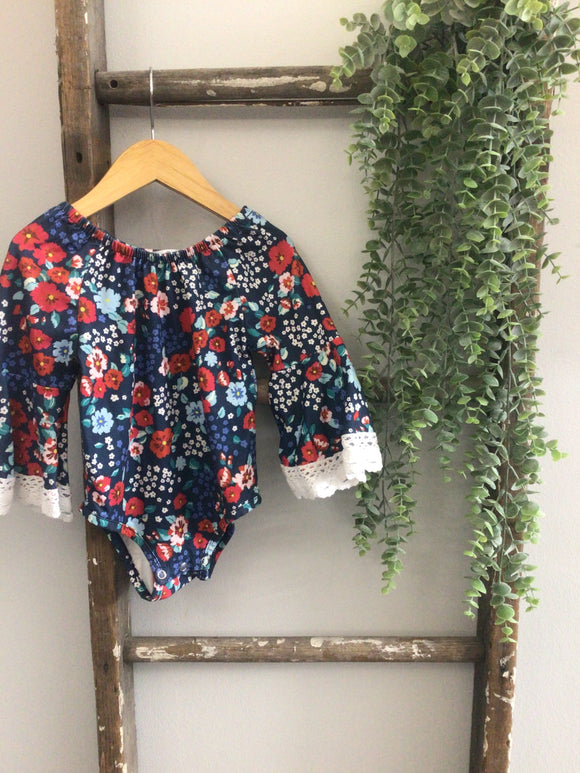 Navy red floral bubble romper-12/18M