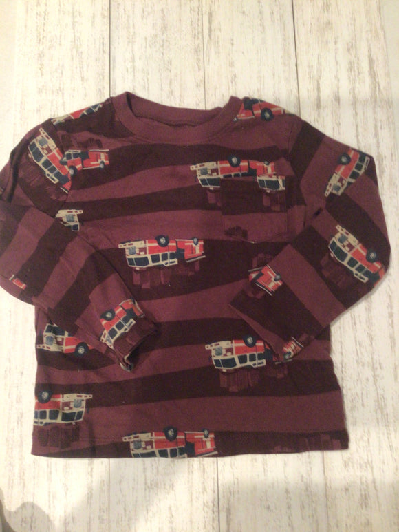 Maroon striped fire truck shirt-3T