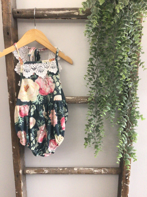 Green floral bubble romper-12/18M