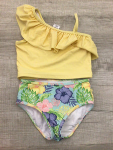RuffleButts yellow and floral swimsuit-5