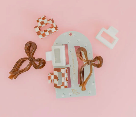 Mocha Bow & Checkered Claw Clip Set