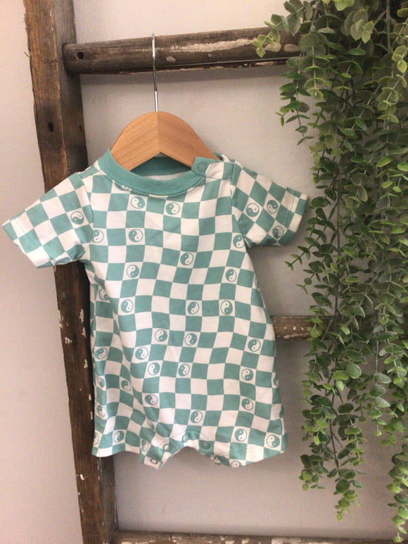 Teal & white check romper-0/3m