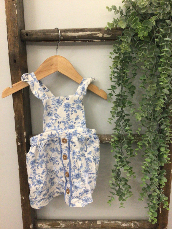 White and blue floral ruffle button dress-6/9m