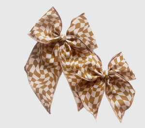 Large Tan & Blush Checkered Bow