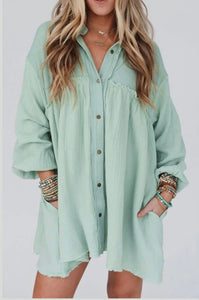 Green Crinkle Button Up Dress