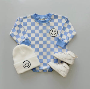 Blue Checkered Bubble Romper