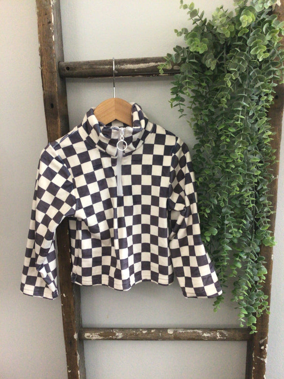 Black and white check half zip-6/9m